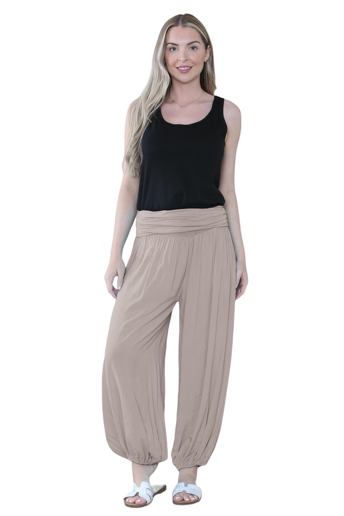 Pantaloni harem larghi da donna italiani Alibaba, comodi ed eleganti, vestibilità larga, pantaloni harem da donna UK | Pantaloni estivi perfetti per le donne UK, Caff, Taglia unica
