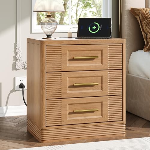 RECHHX 3 Drawer Dresser for Bedroom, 25.6" Tall Nightstand with Charging Station, Farmhouse 23.6" Wide End Table, Thermoformed Curved Small Chest of Drawers for Bedroom, Living Room, Nature Oak