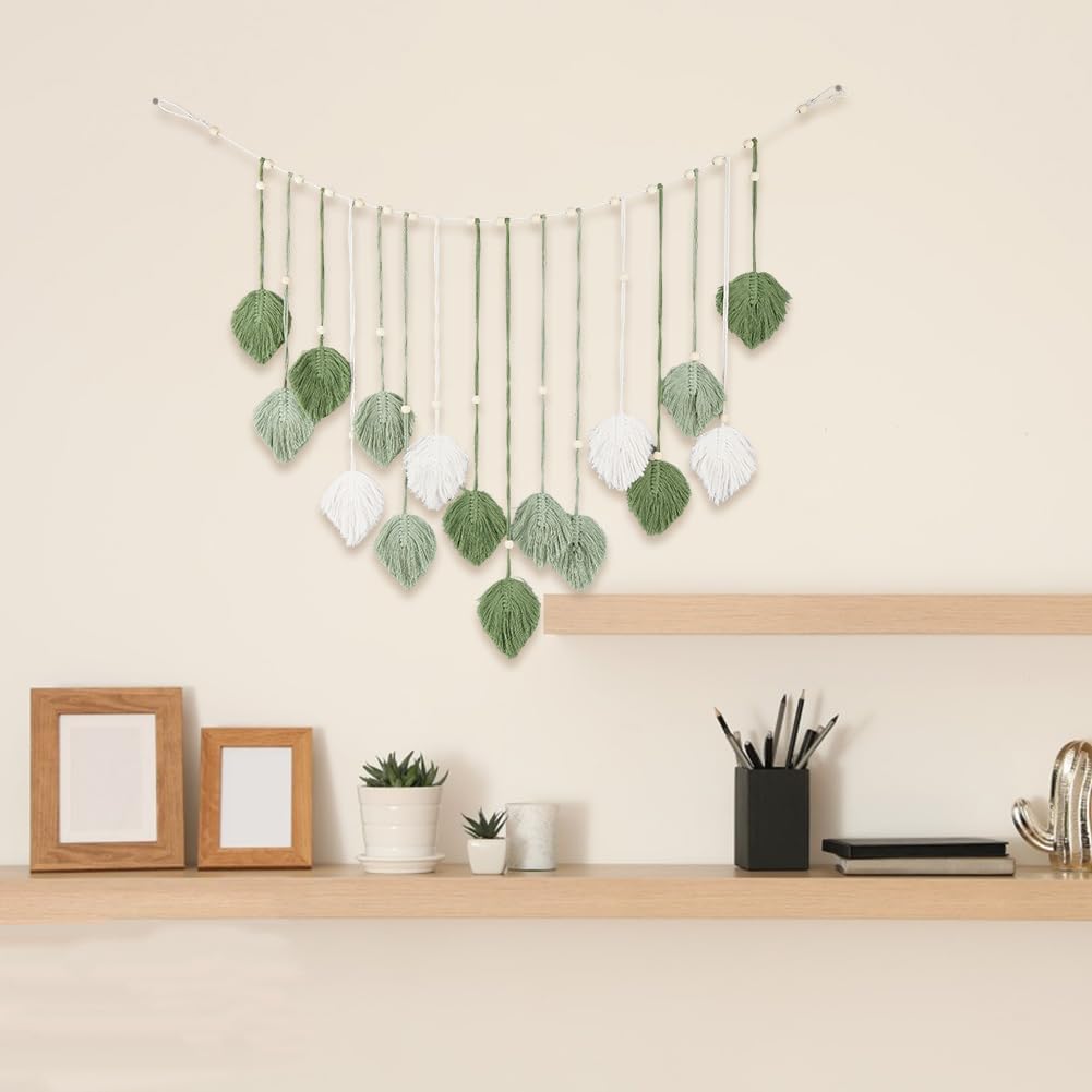 GORGECRAFT Macrame Leaf Wall Hanging Decor 47.24" Polyester Boho Rustic Natural Green Plants Leaves Woven Tapestry Tassels Wood Beads Garland with Hanger for Nursery Bedroom Living Room Art Decoration