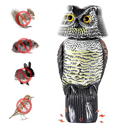 Cozyhoma Señuelo de búho espantapájaros repelente de pájaros con cabeza giratoria activada...