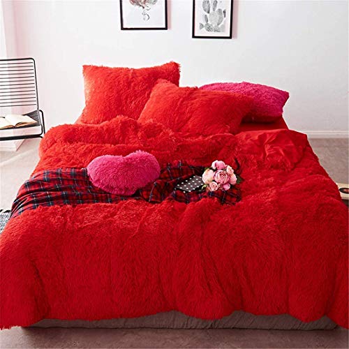 One Meter Sunshine 4 Piece Shaggy Plush Bedding Sets Comforter Cover Set, 1Pc Fluffy Faux Fur Duvet Cover + 1Pc Velvet Bed Flat Sheet + 2Pcs Furry Pillow Shams, Zipper Closure (Bright Red, Full) #TOP28