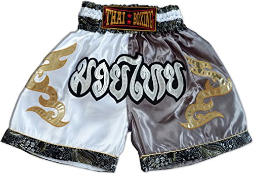 Nakarad Short Enfant de Boxe thailandaise 2-10 Ans Muay Thai (Blanc/Gris, M (8-10ans))