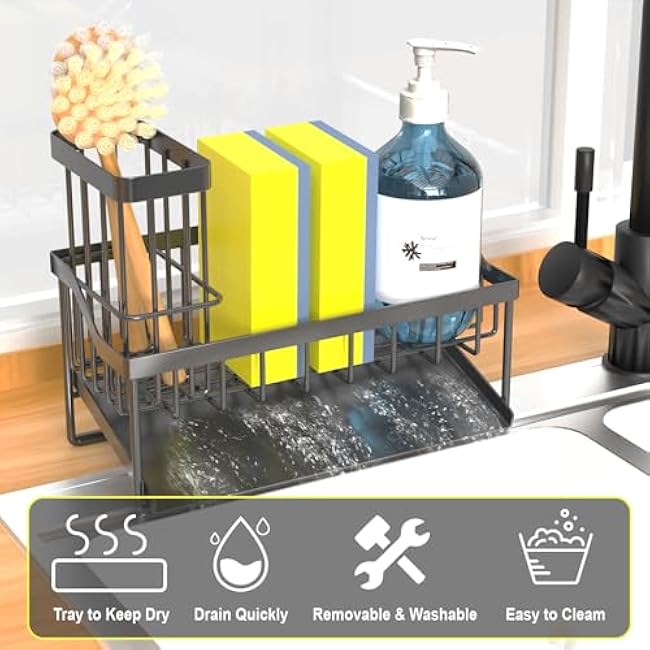 Vanwood Sink Caddy Sponge Holder for Kitchen Sink with Brush Holder, Kitchen Cocina Organizer and Storage Dish Soap Sponge Caddy with Auto Stainless Steel Draining Tray for Counter