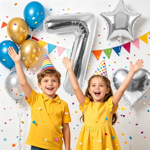 Image of TONIFUL 7th Birthday Balloons Kit 40Inch Silver Large Number 7 Foil Balloon | with 18Inch Helium Mylar Heart Star Balloons for Kids Women Men Birthday Anniversary Graduation New Year Eve Party Decoration