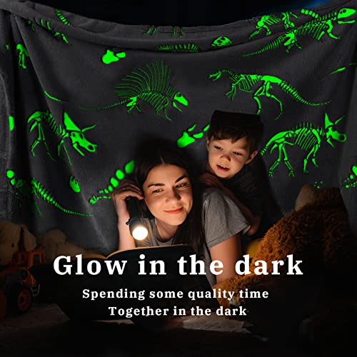 Glow In The Dark Blanket Dinosaur Throw Blanket For Boys Kids Soft Warm Cozy Furry Cute Dino Blanket Unique Easter Toys Gifts Gray Glowing Dinosaur Room Decor Blankets For Girls Teens 50"X60" #TOP1