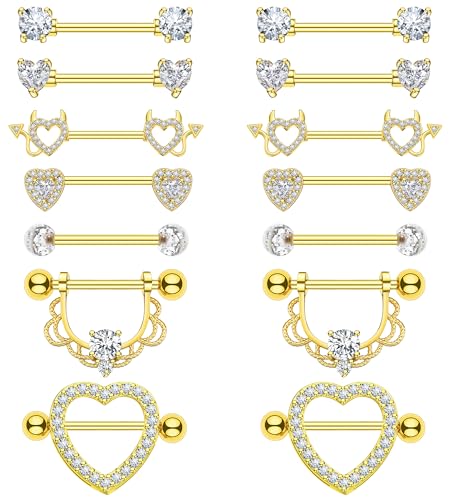 BSJ4U 7 Pairs Nipple Piercing Jewelry 14G Stainless Steel Gold Plated Nipple Rings for Women Cute Heart Cherry Nipple Barbells