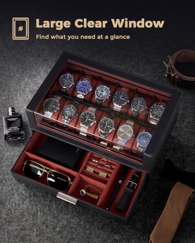 Image of ProCase Watch Box for Men, 12 Slots Watch Display Holder -Winered | Clear Acrylic Top, Large Capacity PU Leather Case with Drawer Organizer, Jewelry Storage, Ideal Gift for Men Women