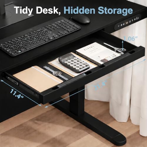 Image of H25 Electric Height Adjustable Desk with Wireless Charging, USB & Type-C Ports, Storage Drawer| Child Safety Lock | Sit-Stand Office Table, Black Top & Black Frame, 3-Year Warranty | DIY
