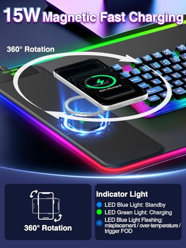 Image of RGB Gaming Mouse Pad with 15W Magnetic Wireless Charging, 31.5'' x 15.8'' | 24 Lighting Effects Desk Mat LED Mousepad with Non-Slip Rubber Base, Light up Your Desk, Waterproof Ultra-Smooth Surface
