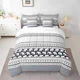 Feelyou Bohemian Elephant 7 Piece Bedding Set Queen Size for Kids Boys Girls Teens Toddler Boho Exotic Style Comforter Set with Sheets Navy Blue Stripe Bed in a Bag Ethnic Elephant Print Bed Set