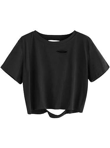 Remidoo Women's Summer Casual Distressed Short Sleeve Crop Top Crewneck T Shirt - 3X-Large - T-black