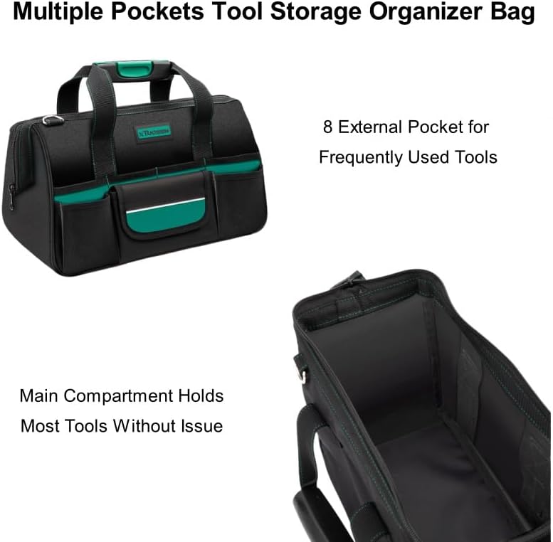 Miniatura 3 de Bolsa de herramientas resistente de 16.5 pulgadas con 16 bolsillos, asa portátil, correa de hombro ajustable, impermeable, boca ancha, organizador