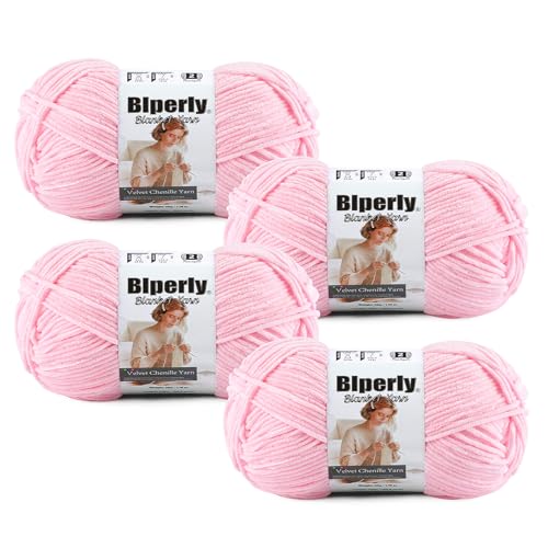 Image of Skinny Chenille Yarn for Crocheting, #2 Pink Thin Baby Blanket Plush Yarn | 4 Pack of 158 Yds, 1.7 Oz Sport Fingering Weight Fine Yarn, Soft Fluffy Velvet Yarn for Crochet knitting Blankets, Amigurumi