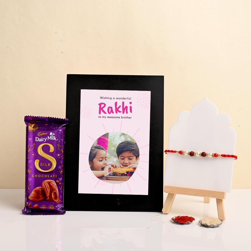 Rudraksha Rakhi with Chocolate and Personalised Photo Frame For Rakshabandhan Gift, For Brother Bro Bhai Bhabhi Little Brother - Customised Gift Frame Size 4x6 Inch (Chocolate Hamper 8)