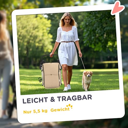 PawHut Hundewagen leicht Hundebuggy aus Aluminium klappbar für Hunde & Katzen Katzenbuggy mit Kissen Netzfenstern Türen Aufbewahrungskorb Katzenwagen Mini-Hundewagen für kleine Hunde Khaki