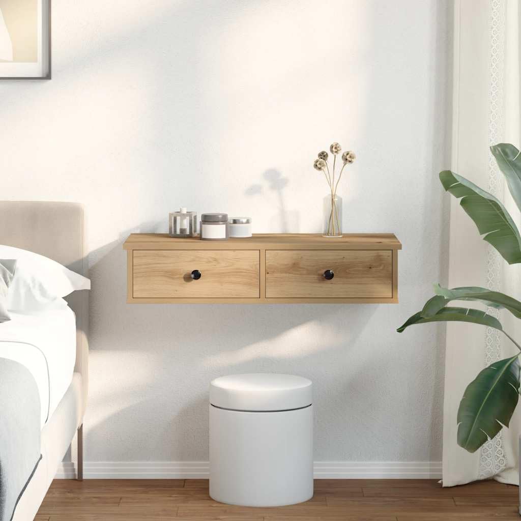 Estante de Pared con Cajones, Tocador Flotante, Madera Roble Artesano, Diseño Flotante Multiusos, Almacenamiento Organizado, Soporte 60 kg, para Dormitorio, Salón, Oficina, 80x31x17 cm