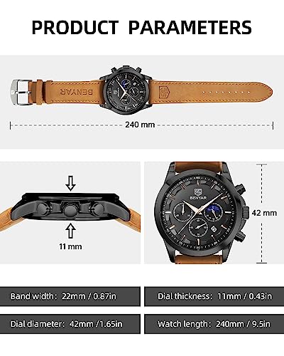 BENYAR BENYAR by Herrenuhr Uhren Herren Wasserdicht Herrenuhren Chronograph m?nner Armbanduhr für Herren Eleganz Lederarmband/Edelstahl Quarz Geburtstags/Weihnachts Gold/Silber/Blau/Schwarz - Zusatzansicht 4 | Uhren