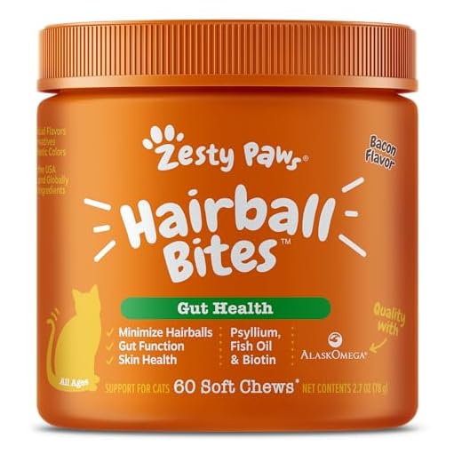 Zesty Paws Hairball Bites for Cats - Cat Furball Support - Functional Supplement with Omega 3 Fish Oil EPA & DHA + Zinc, Biotin & Psyllium Husk - Supports Gut & Skin Health - 60 Count