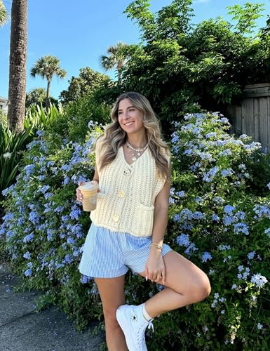 Image of Women's Sleeveless Chunky Knit Top Casual Cropped Button Down Sweater Vest Open Front Cardigan with Pockets