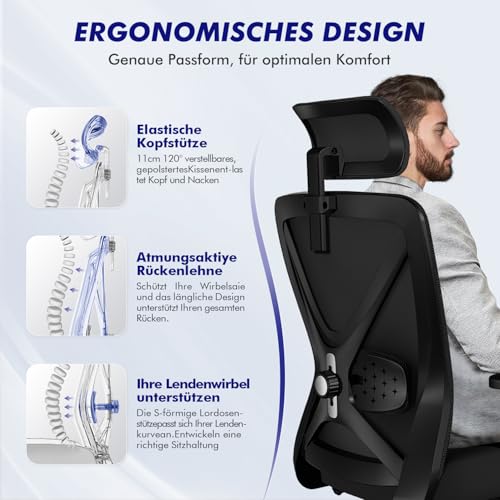 Daccormax Bürostuhl, Bürostuhl Ergonomisch Schreibtischstuhl mit Verstellbaren Armlehnen… – Ansicht 5
