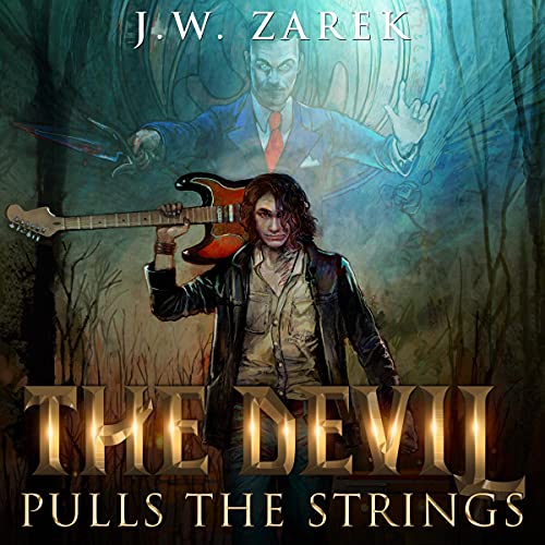 The Devil Pulls the Strings audiobook cover depicting a man holding up an electric guitar, while another suited man is lurking in the background, holding a knife