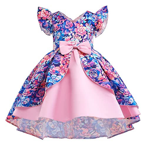 Vestido festivo para niña, vestido de princesa para niños, vestido de tul con estampado floral y lazo grande, sin mangas, falda tutú para boda, niña de flores y cumpleaños, morado, 6-7 años