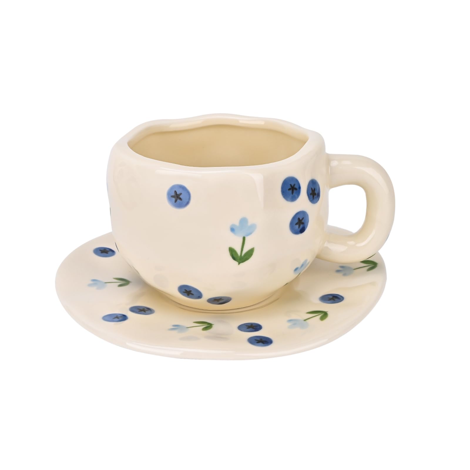Tasse à café en céramique anti-taches avec sous-tasse fleur de myrtille unique