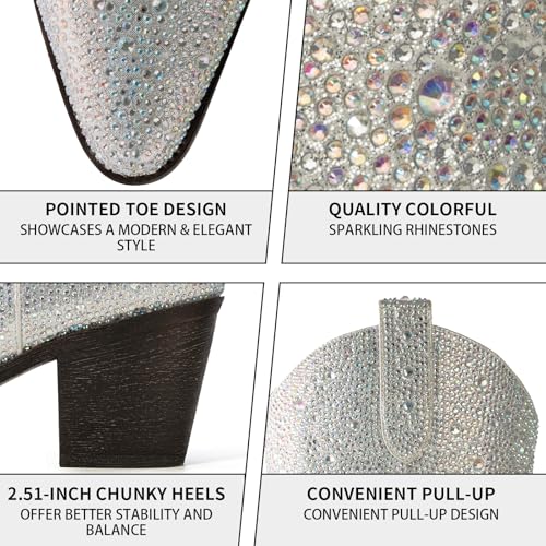 Image of MISSMILLER Rhinestone Boots for Women Sparkly Cowgirl Boots Pointed Toe Chunky Heels Rhinestone Cowboy Boots