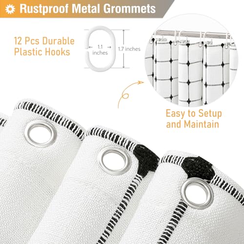 Image of BTTN White and Black Boho Shower Curtain - Linen Rustic Farmhouse Heavy Duty Fabric Shower Curtain Set with Tassel, Water Repellent, Bohemian Vintage Country Cloth Shower Curtains for Bathroom, 72x72