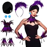 Mkhaslri 5 Pcs Villain Costume Accessories for Women Black Elastic Hair Removal Cap Blue Button Earrings Purple Feather Collar Feather Headband Gloves Wristband Cuff Halloween Cosplay Favor Supply