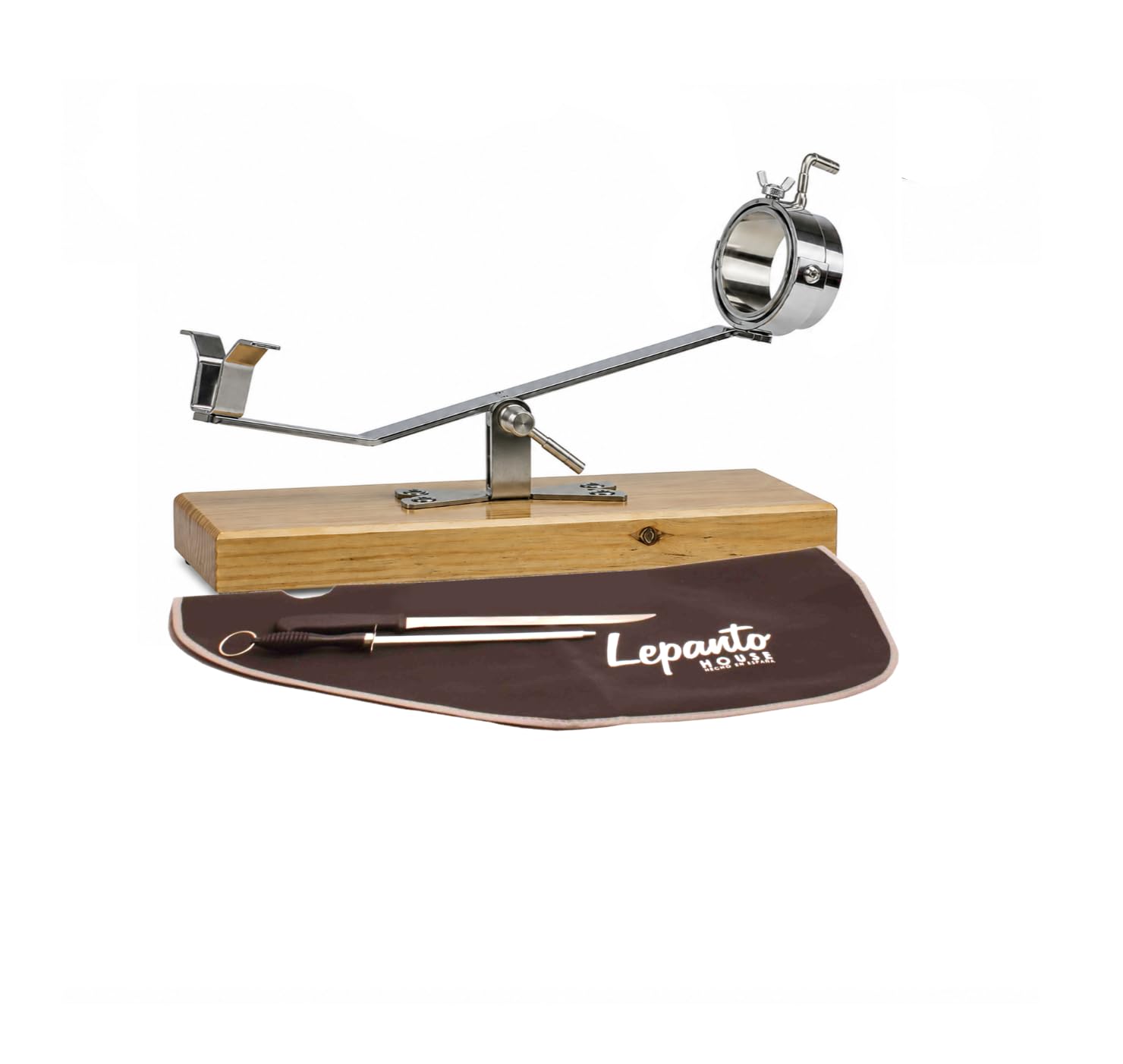 FERRETERIA LEPANTO Jamonero Giratorio basculante Giratorio, Soporte jamonero + Set de Corte con Cuchillo jamonero, chaira y Cubre Jamon: (Base Madera Nogal)
