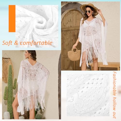 Image of SANNIDHI Women's Lace Beach Cover Up Embroidered Swimsuit Coverups Full Sleeve Boho Sheer Bathing Suit Swim Dress for Poolside, Seaside and Party