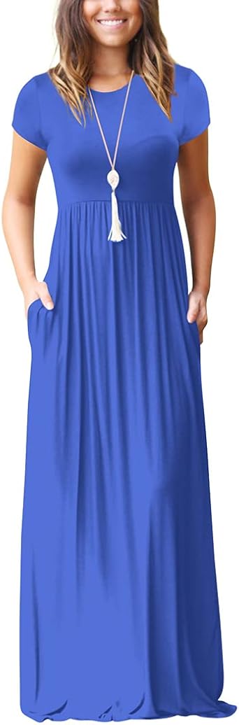 Lukitty Women Short Sleeve Loose Plain Maxi Dress Casual Long Dress with Pockets