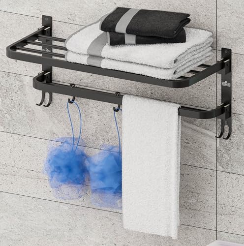 Image of Towel Rack for Bathroom, Shelf for Wall with Towel Hooks, Towel Rack, Kitchen Accessories Items Wall Mounted for Heavy-Duty Elegance (Black, 18 Inch)