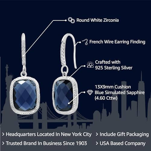 Gem Stone King Blue Simulated Sapphire Drop Dangle French Wire Earrings For Women | 925 Sterling Silver | 13X9MM Cushion Checkerboard Cut | 4.60 Cttw2