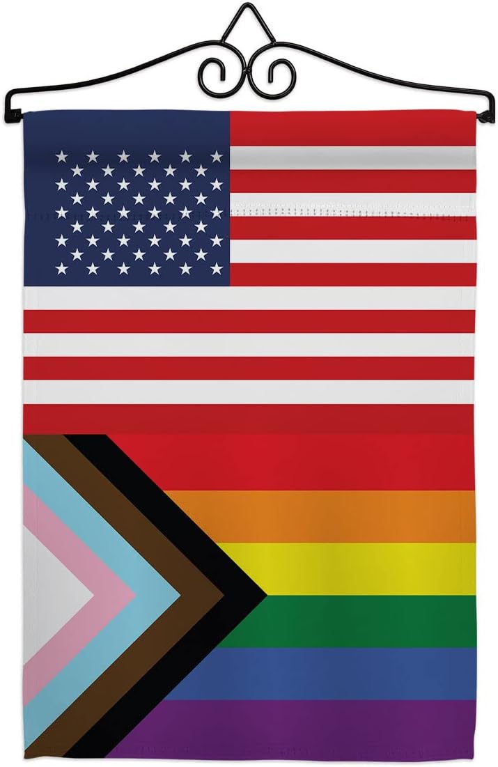 US Progress Pride Garden Flag Set Wall Hanger Support Rainbow Love LGBT Gay Bisexual Pansexual Transgender Small Decorative Gift Yard House Banner Double-Sided Made in USA 13 X 18.5