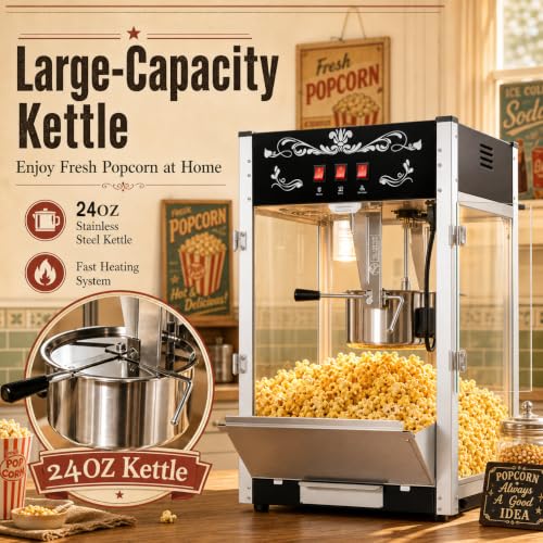 Image of Commercial Popcorn Machine With 24 OZ Kettle for Theater Style, Black | Countertop Popcorn Machine Stainless Steel, 3-Switch Control, for Home, Movie Night, Parties, Office, School, Business