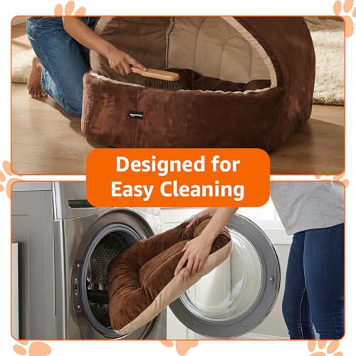 Image of Amazon Basics Pet Bed Cave | Soft & Warm Indoor Tent Bed for Cats, Kittens & Small /Medium Dogs (Pug, Beagle, Shih Tzu) | Foldable with Removable Cushion | Russet & Beige | 59 x 56 x 48 cm