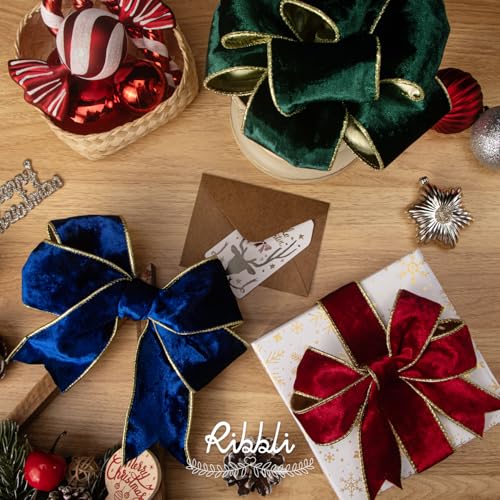 Image of Ribbli Royal Blue Velvet Wired Ribbon 2.5 Inch Metallic Blue Gold Crushed Velvet Christmas Ribbon for Gift Wrapping Christmas Tree Decoration Crafts Wreaths Supplies-Continuous 10 Yards