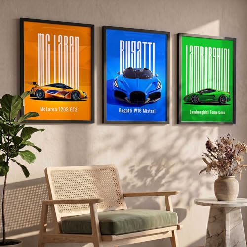 Image of HOTHOUSE Big McLaren GT3, Bugatti W16 Mistral, Lamborghini Temerario Cars Framed Posters Gift Items for Boys Room Wall Decoration Bedroom Living Room Office Studio Decor | Set Of 3 Size (13 X 17 inch)