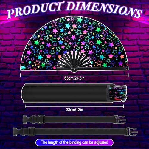 Image of FairySandy Large Rave Fan UV Glow Hand Fan with Holster for Men Women Carnival Gear Disco Party Supplies for Carnival Edm Music Festival Club Accessories Performance(Star,Mixed Color)