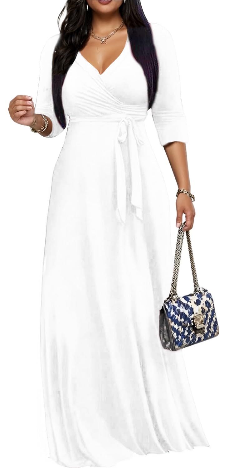 Women's Church Maxi Wrap V Neck 3/4 Sleeve Tie Waist Plus Size Long Dress