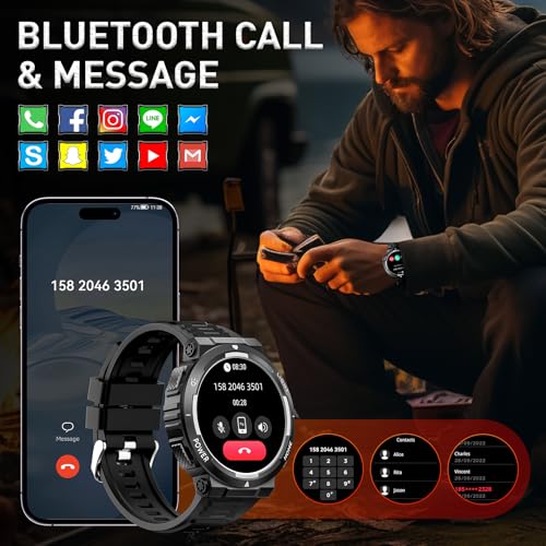 Foxhawk Military Smart Watch for Men with LED Flashlight, 1.53" HD Tactical Smartwatch with Bluetooth Call, 3ATM Waterproof Rugged Fitness Tracker, 100+ Sports Modes, Heart Rate Monitor, iOS/Android — view 3