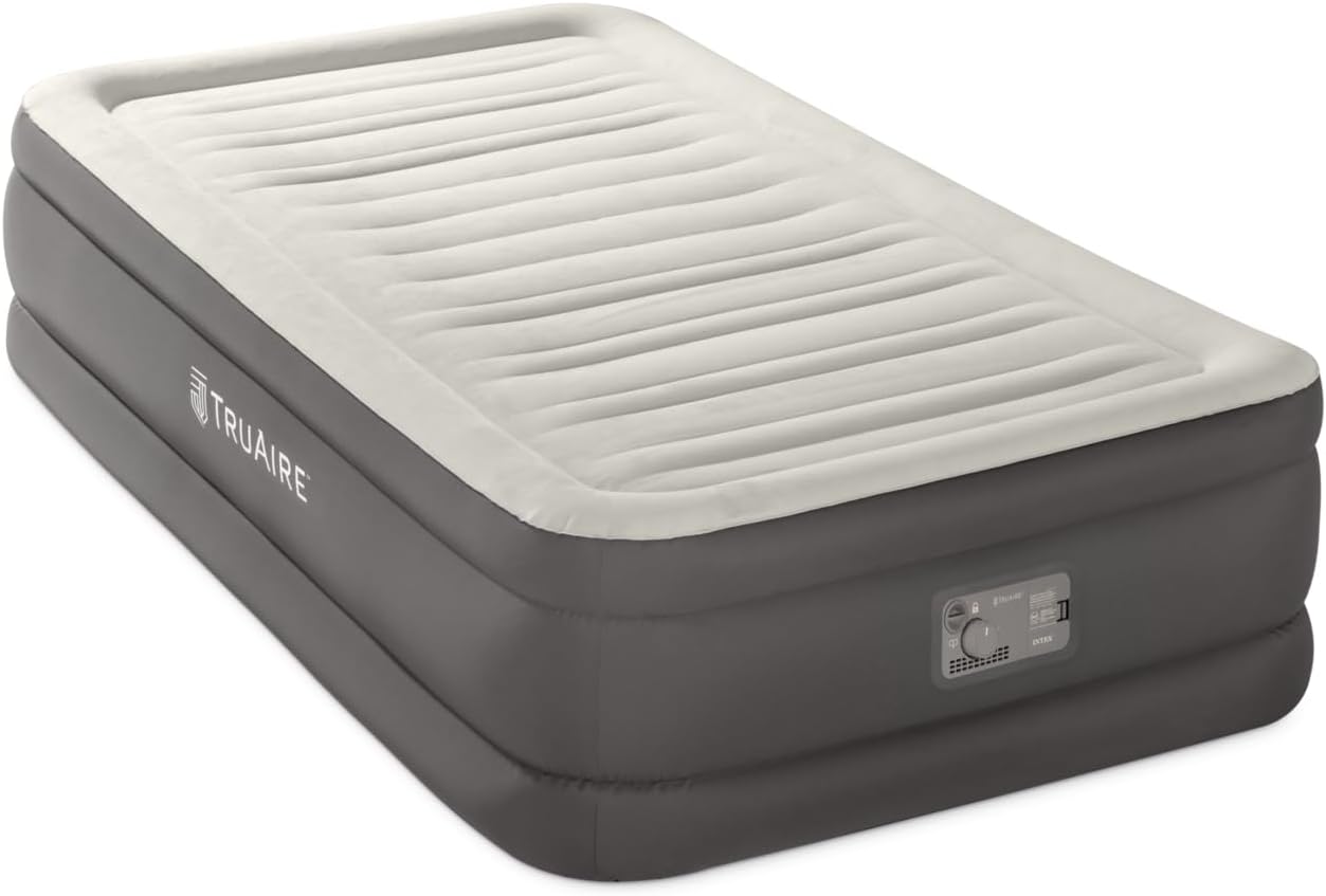 Intex 64031E 18in Twin TruAire Comfort Plush Inflatable TPU Air Mattress with Built in Pump for Travel and Camping, 300lb Weight Capacity