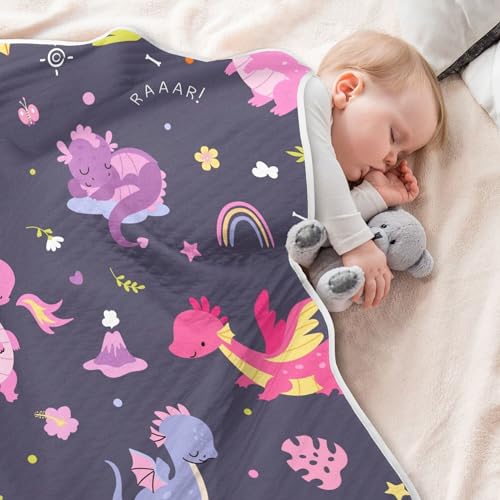 Image of Qilmy Cute Dragons Baby Blanket for Boys Girls Kids with Soft Cotton, Cute Cozy Warm Nursery Receiving Swaddle Blanket for Toddler Infant Crib, 30 x 40 Inch