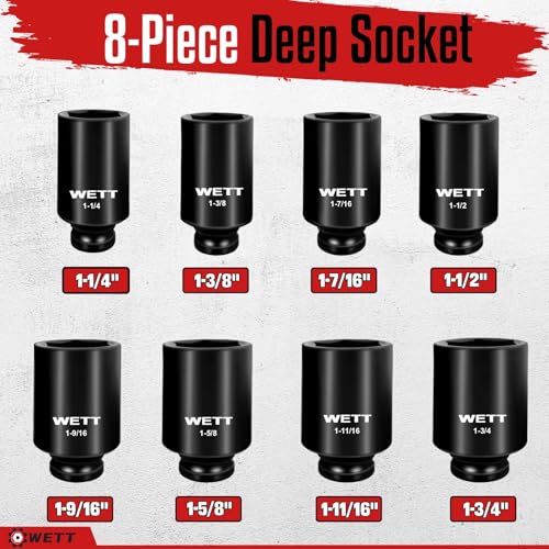 Image of WETT 1 /2 inch Drive Deep Large Impact Socket Set, 8-Piece Spindle Axle Nut Large Sockets Set, Standard SAE 6 Point Wheel Wrench Sockets, CR-V Steel, (1-1 /4-Inch-1-3 /4-Inch)