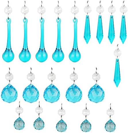 H&D 20PCS Blue Glass Crystal Teardrop Chandelier Prisms Parts Hanging Glass Crystal Pendants Beads Set