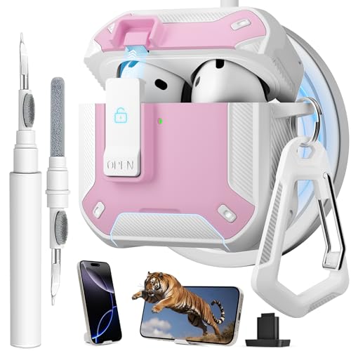 Image of for AirPods 4 Case with Magnetic Secure Lock Clip and Phone Stand, Compatible with Magsafe Charging, with Carabiner&Cleaner kit for Apple iPod 4th Generation Cover(2024) Men Women (Pink)