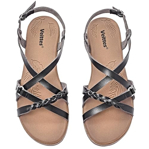 Veittes Women's Casual Flat Sandals,Fashion Braided Criss Cross Strap Braided,Adjustable Ankle Straps,Open Toe Summer Sandals,Black,9.5 US,2207023-2
