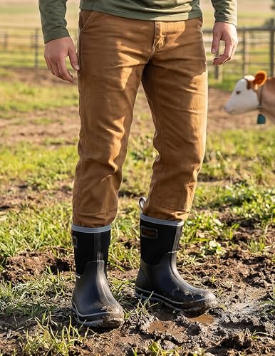 Image of Trudave Rubber Rain Boots for Men, Neoprene Waterproof Rain Boots, Mid Calf All-Season Mud Boots, Insulated Warm Outdoor Work Shoes for Hunting, Gardening, Farming, Yard Working